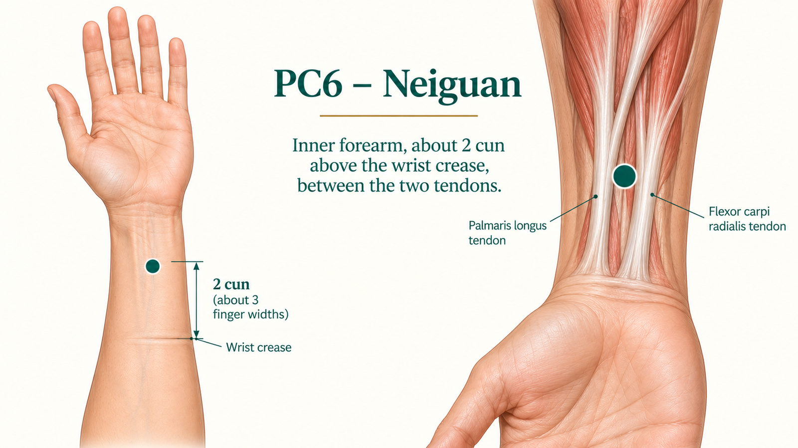 Visual guide showing PC6 Neiguan on the inner forearm between the tendons, approximately 2 cun above the wrist crease.