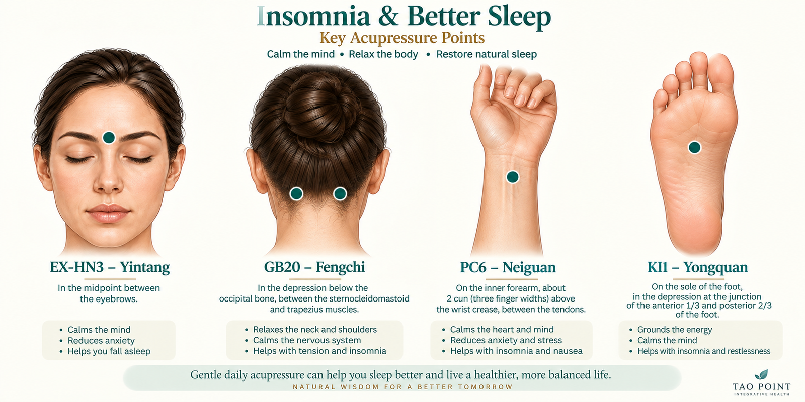 Tao Point visual guide showing Yintang, GB20 Fengchi, PC6 Neiguan and KI1 Yongquan for a bedtime acupressure routine.