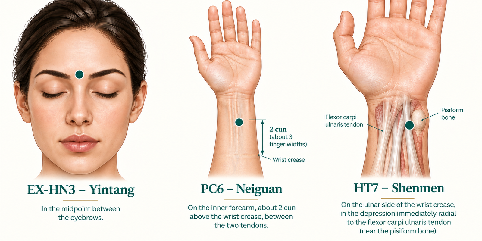Visual guide showing Yintang between the eyebrows, PC6 Neiguan on the inner forearm, and HT7 Shenmen at the wrist.